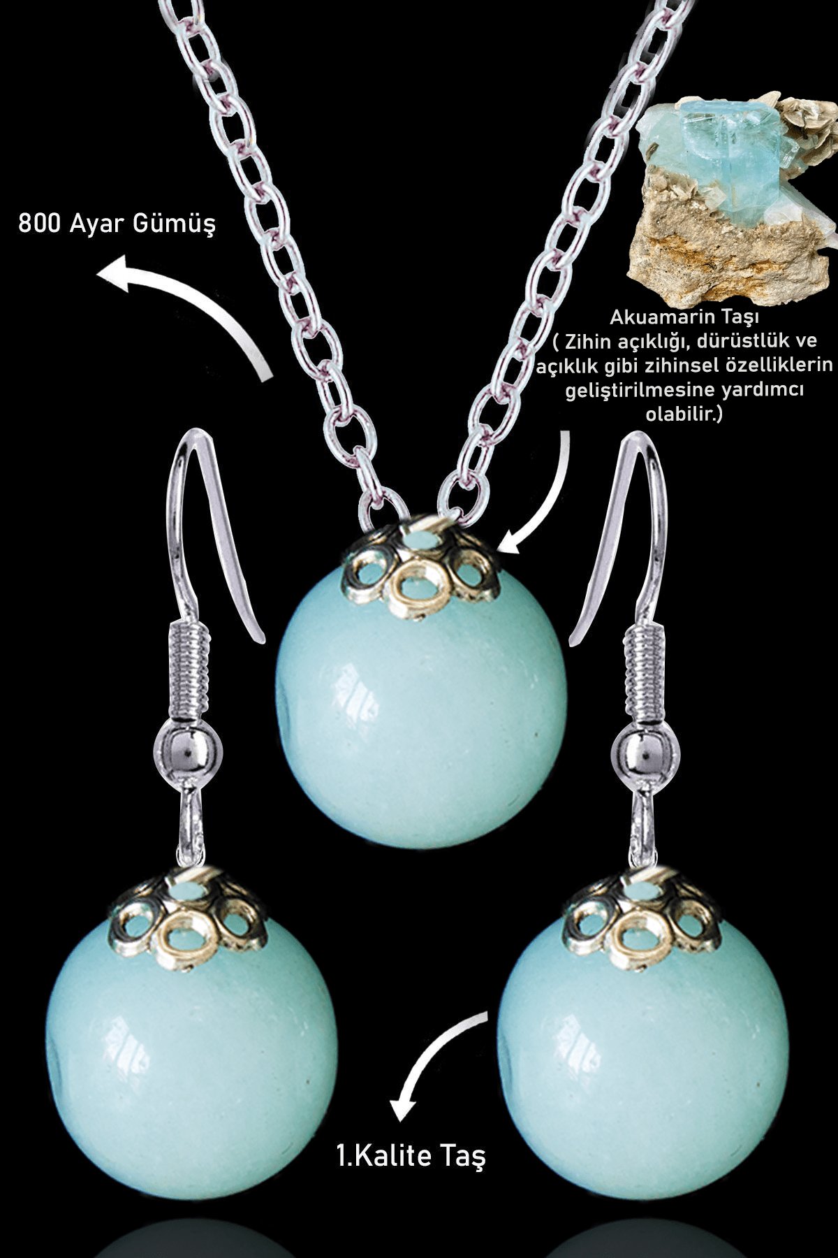 Sertifikalı Küre Orijinal Akuamarin Taşı Kolye ve Küpe Seti - Gümüş Aparatlı (Aquamarin)