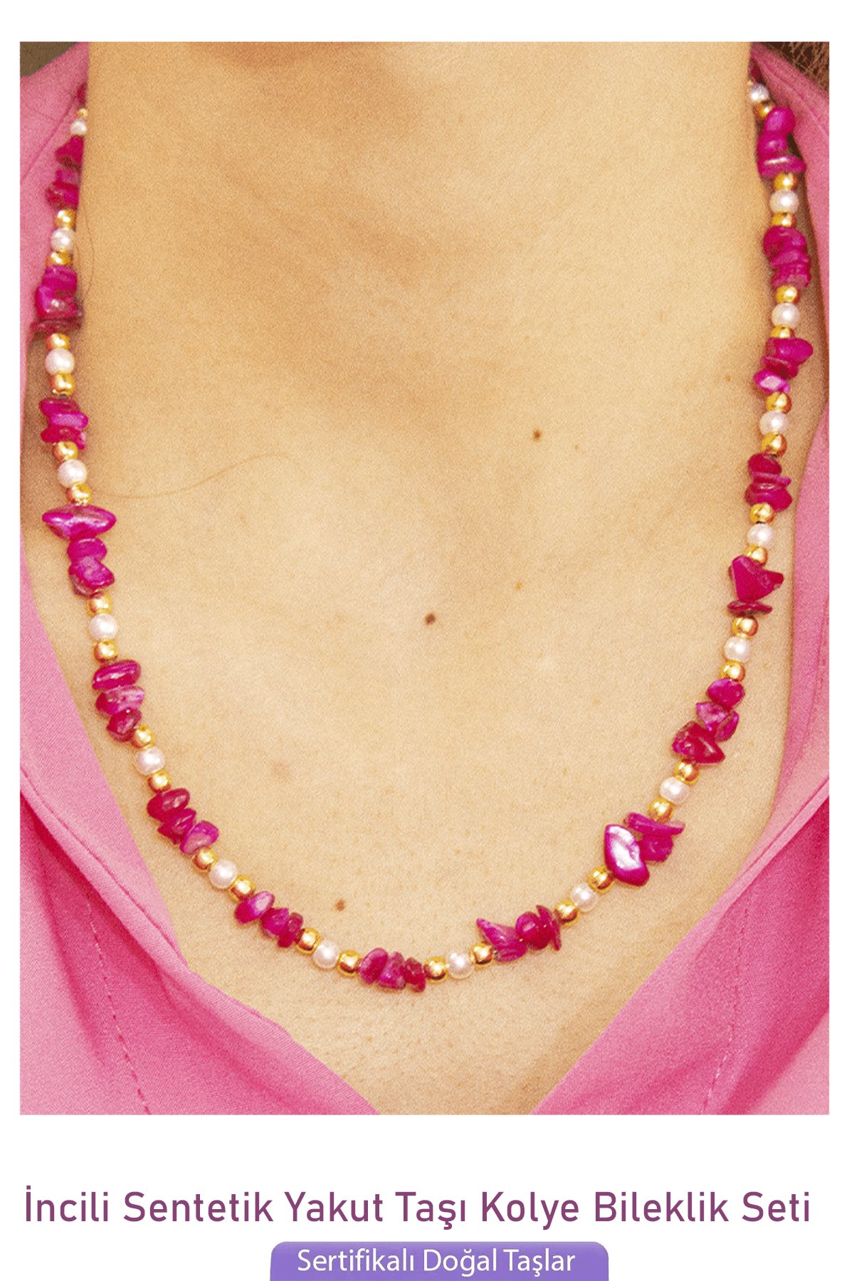 Sertifikalı İncili Sentetik Yakut Taşlı Doğal Taş Kolye Bileklik Seti