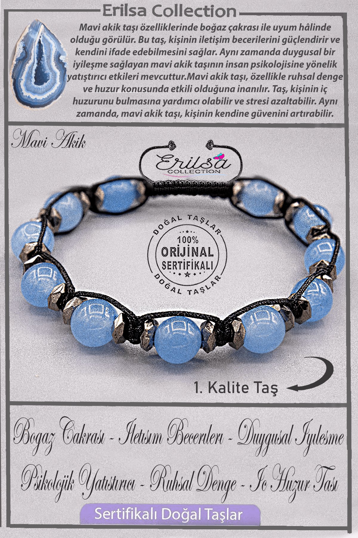 Sertifikalı AAA+ Kalite Gerçek Terahertz - Buz Mavi Akik Taşı Bileklik