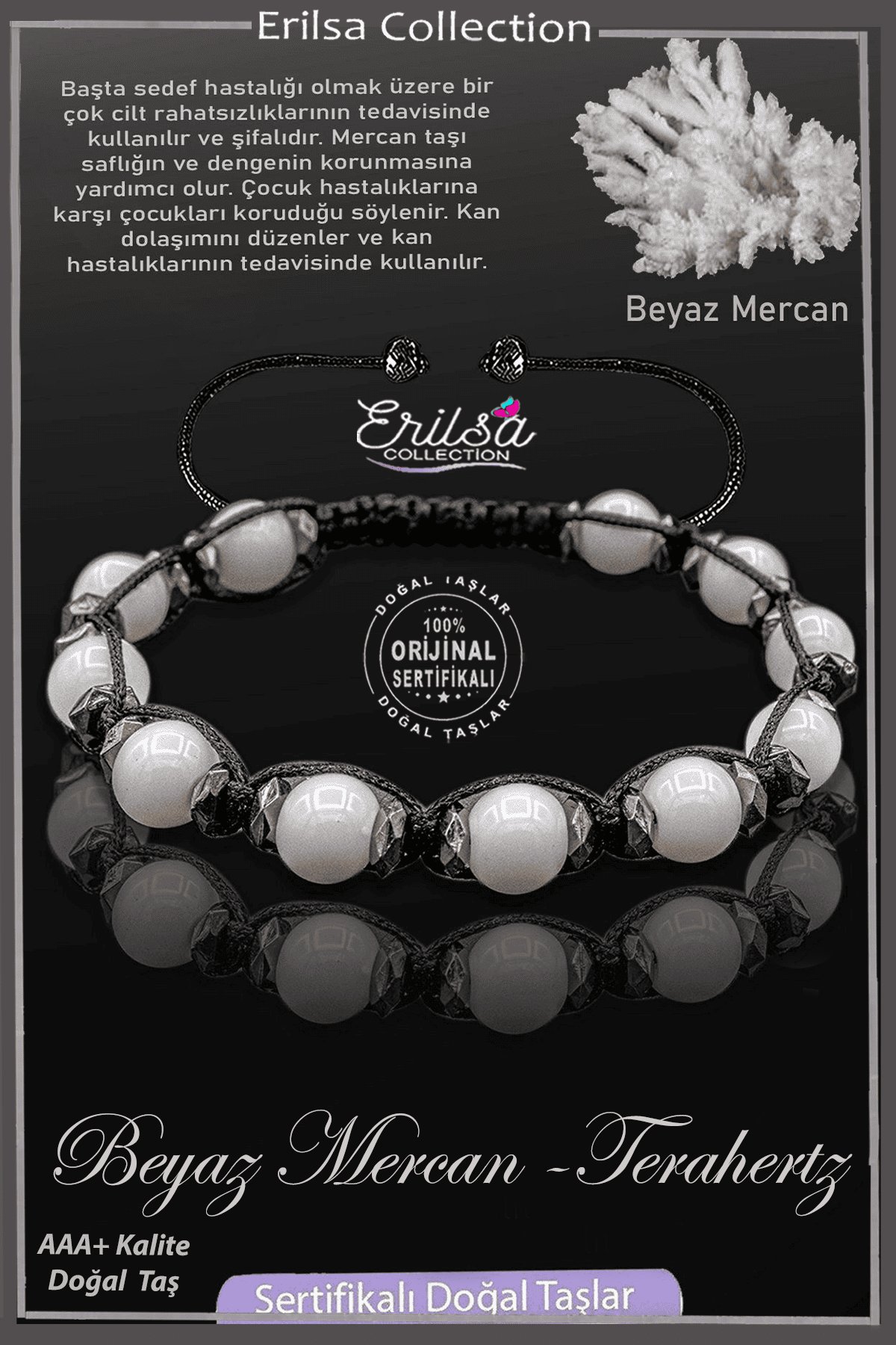 Sertifikalı Terahertz - Beyaz Mercan Taşı Bileklik - Ayarlamalı