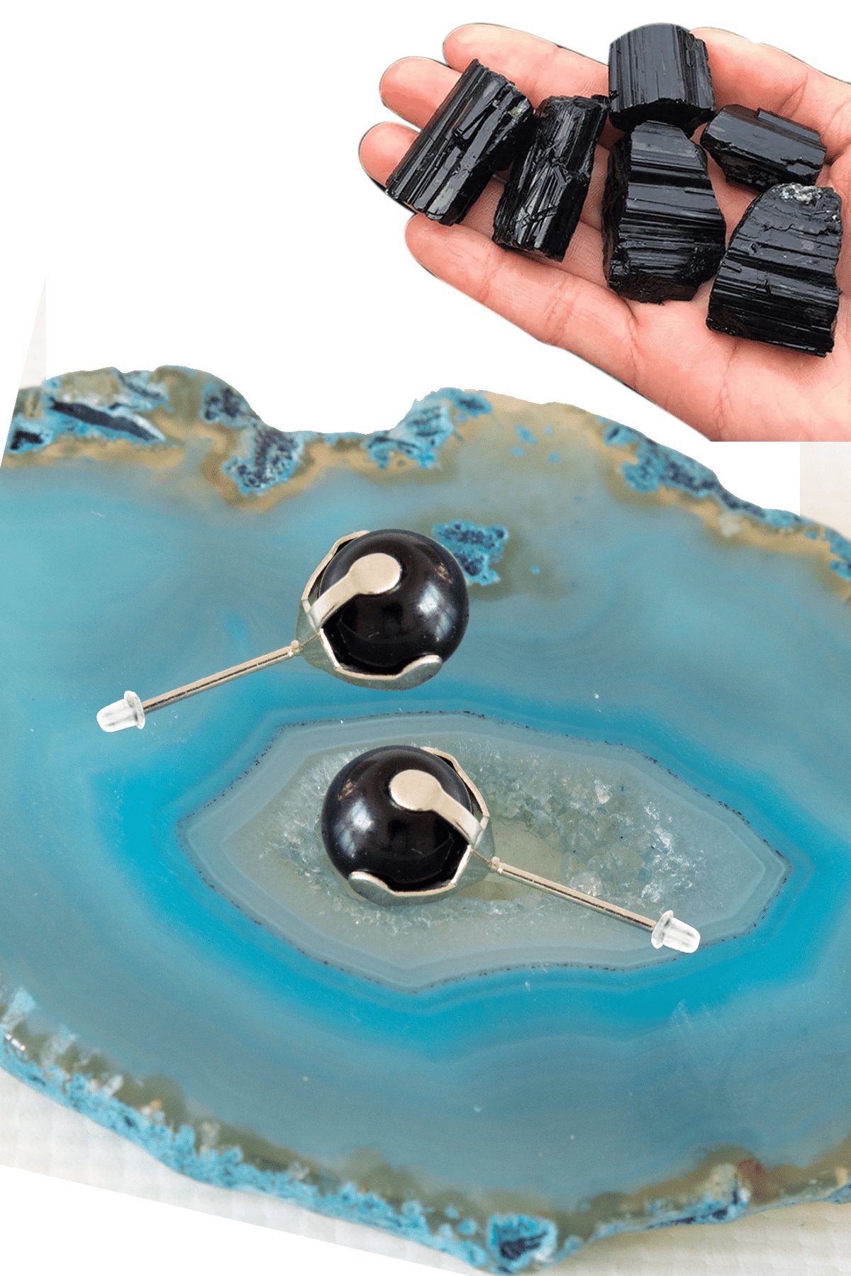 Sertifikalı Gerçek Siyah Turmalin Taşı Nokta Doğal Taş Küpe