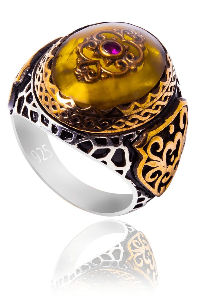 Sertifikalı Kehribar Ve Ametist Taşlı Gümüş Yüzük