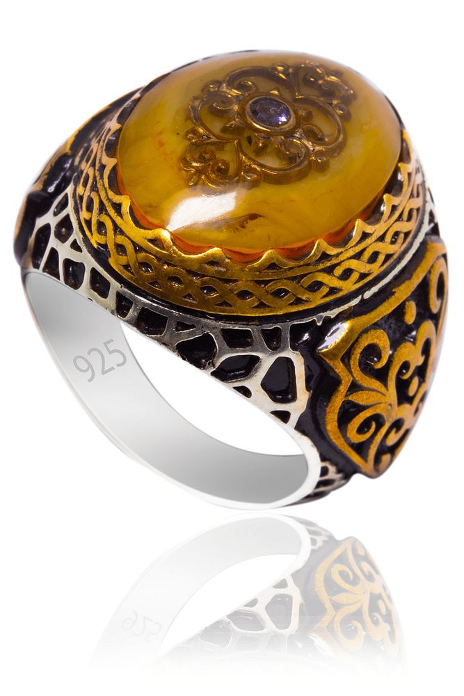 Sertifikalı Işlemeli Kehribar Ametist Taşlı 925 Ayar Gümüş Yüzük