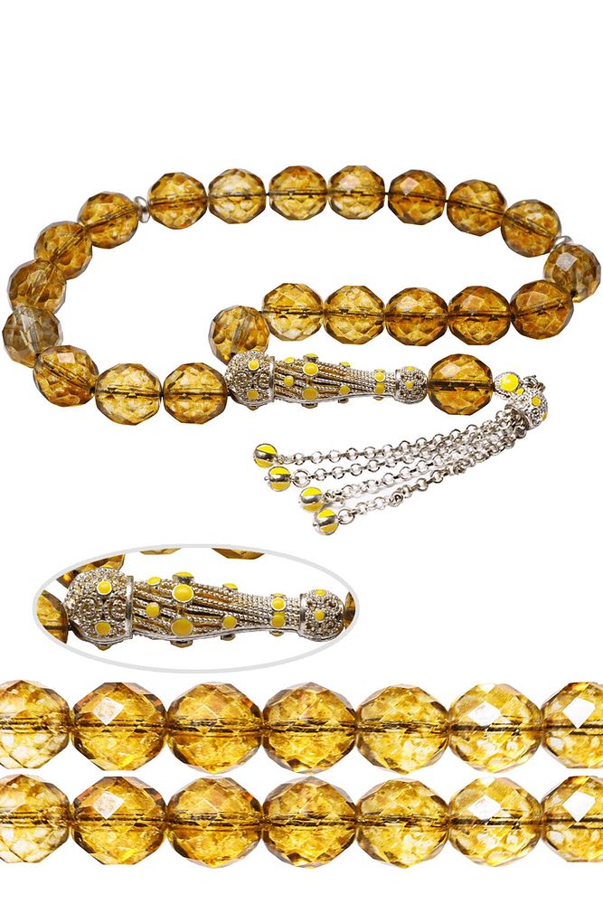 Sertifikalı Beyaz Telkari Püsküllü Maskot Doğal Sarı Kuvars Taşı Efe Tesbih