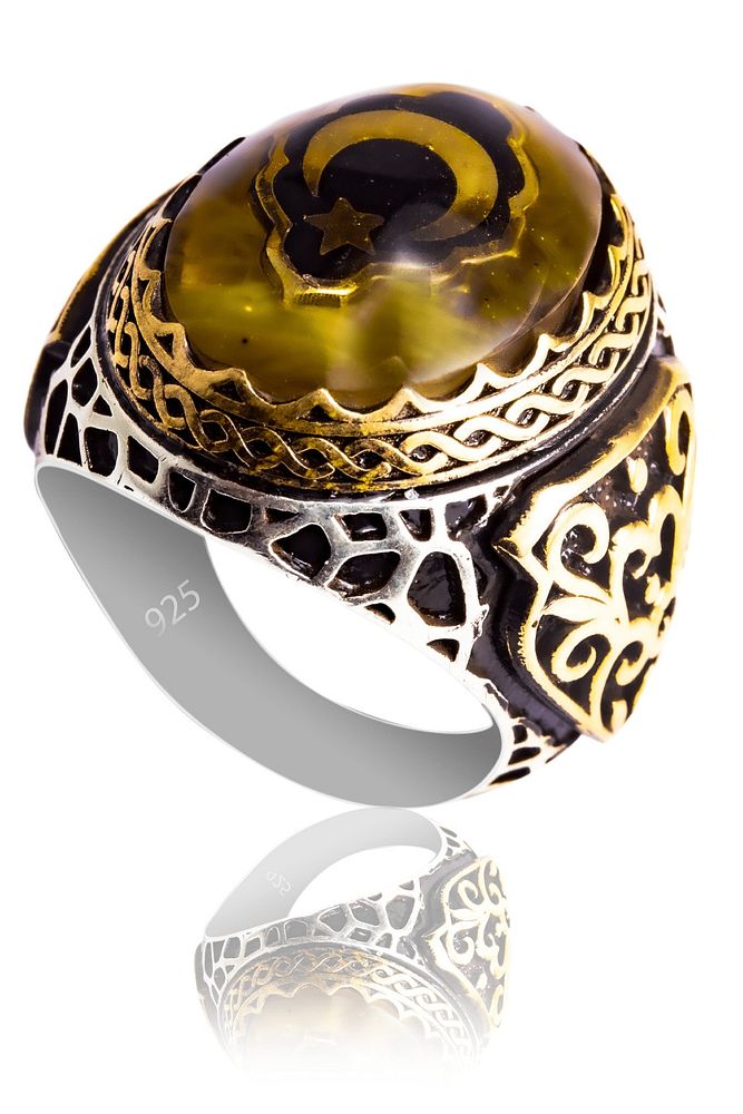 Sertifikalı Ay Yıldız Işlemeli Sarı Renkli Kehribar Taşlı 925 Ayar Gümüş Yüzük