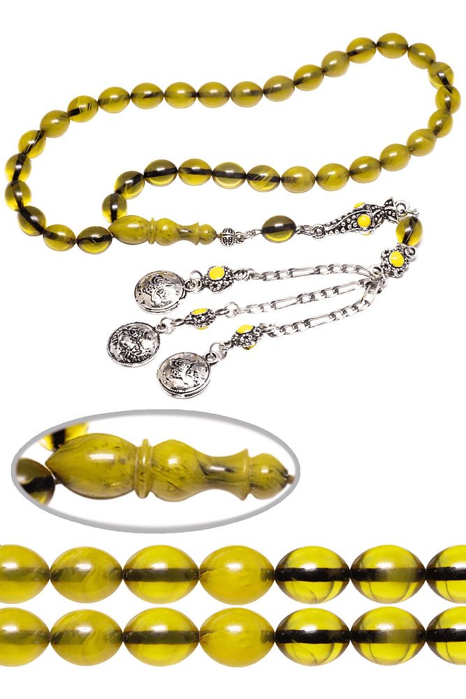 Sertifikalı Sarı Renk Hüzmesi Osmanlı Benzetmesi Çubuk Sıkma Kehribar Tesbih