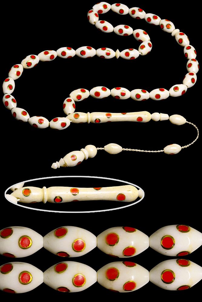 Sistemli Beyzi Kesim Mercan Işlemeli Deve Kemiği Tesbih