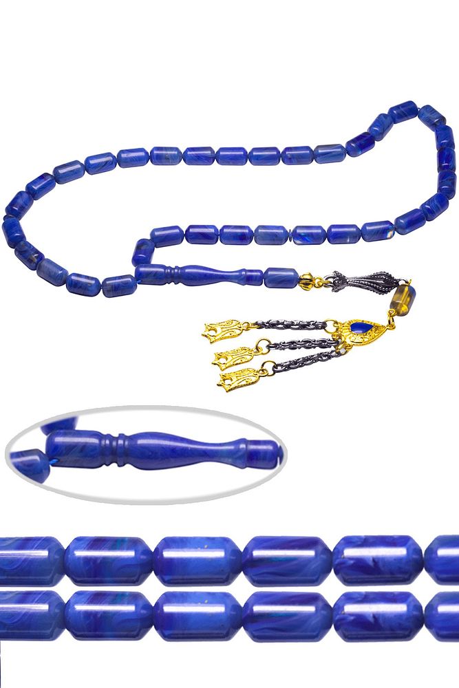 Sertifikalı Koyu Mavi Renk Hareli Sıkma Kehribar Tesbih