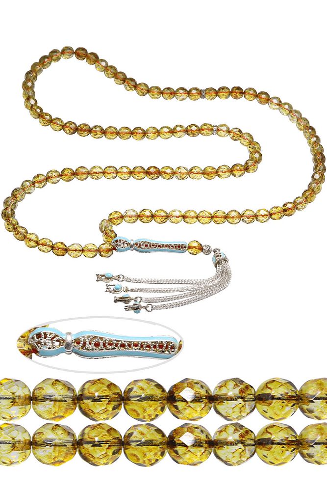 Sertifikalı Telkari Püskül 99'luk Sarı Renk Doğal Kuvars Taşı Tesbih