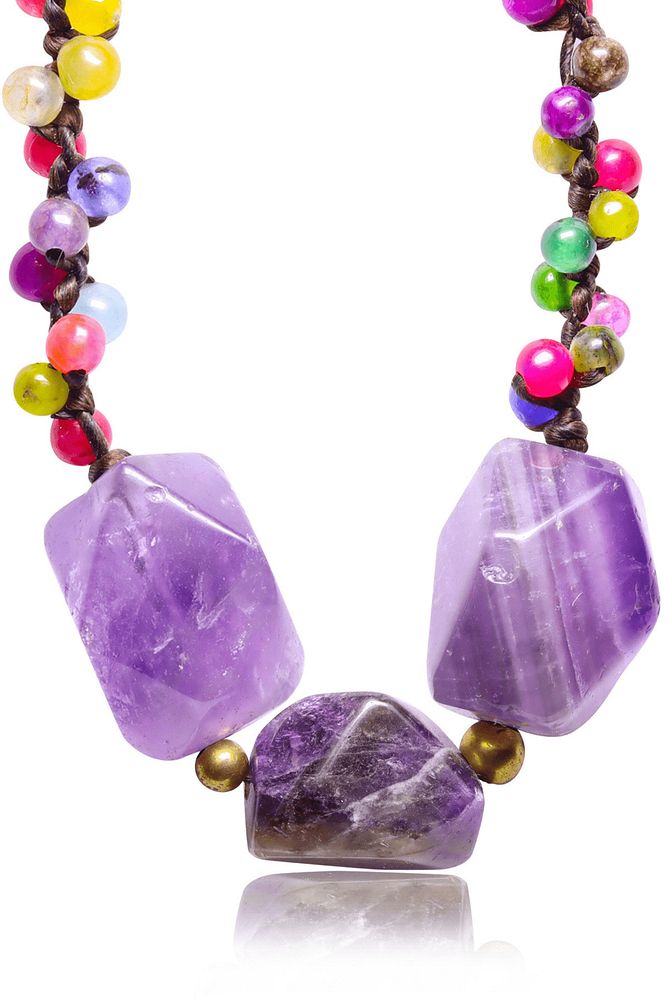 El Örmesi Renkli Kuvars Taşı Boncuklu Kaya Ametist Taşı Doğal Taş Kolye