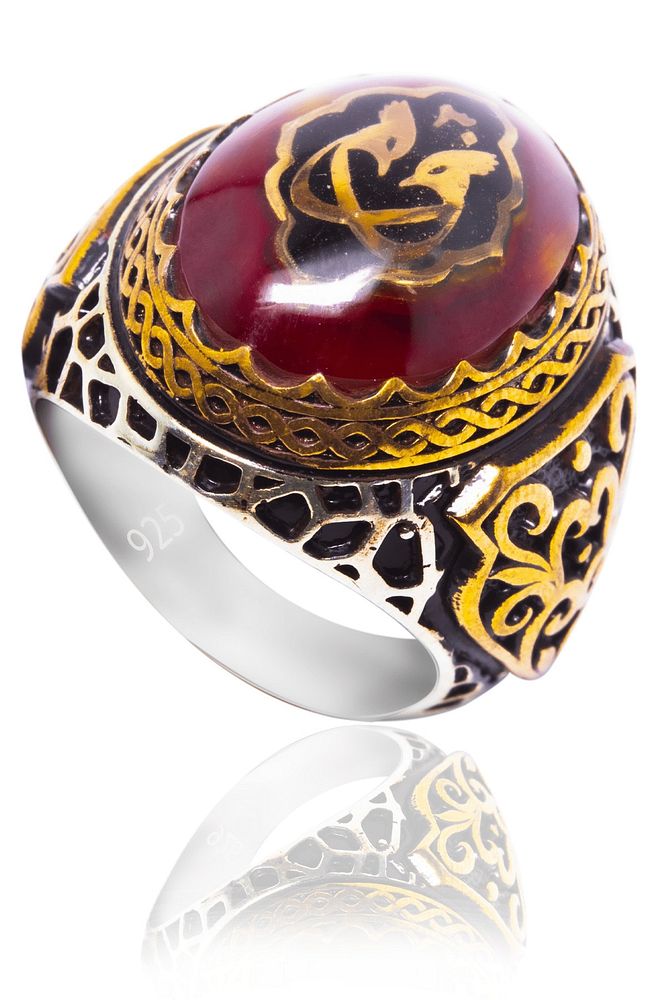 Sertifikalı Vav Işlemeli Kırmızı Kehribar Taşlı Gümüş Yüzük