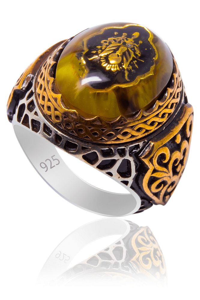 Sertifikalı Osmanlı Tuğrası Işlemeli Sarı Kehribar Taşlı 925 Ayar Gümüş Yüzük