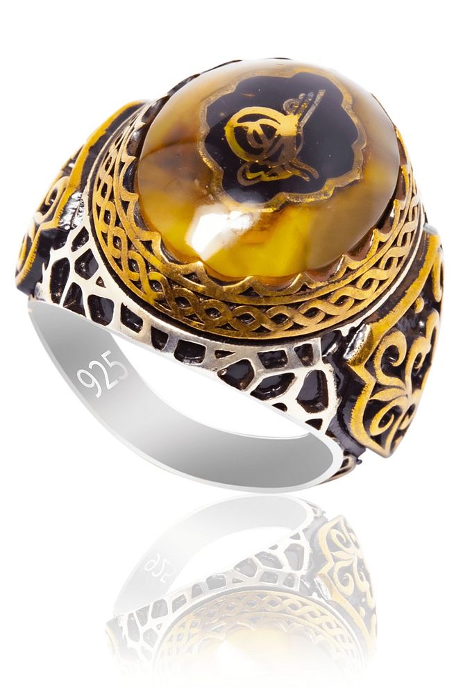 Sertifikalı Siyah Osmanlı Tuğralı Sarı Kehribar Taşlı 925 Ayar Gümüş Yüzük