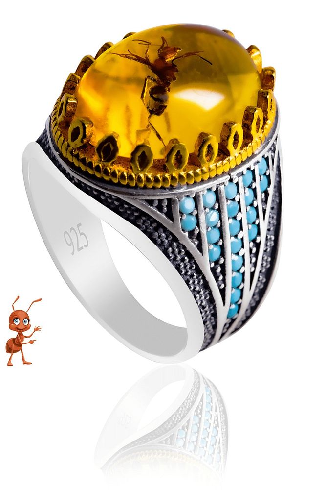 Sertifikalı Karınca Fosilli Kehribar Taşlı Gümüş Yüzük