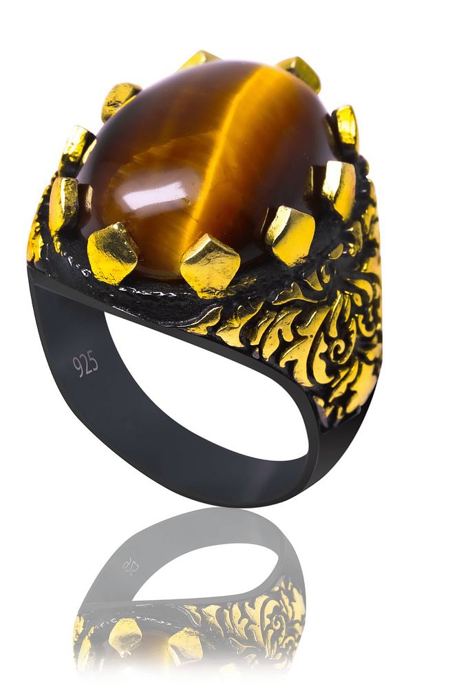 Sertifikalı Motifli Doğal Kaplan Gözü Taşlı Gümüş Yüzük