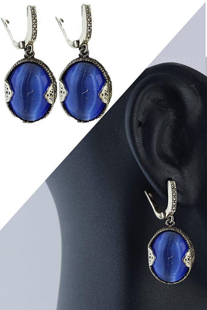 Sertifikalı Doğal Mavi Akik Taşlı Küpe