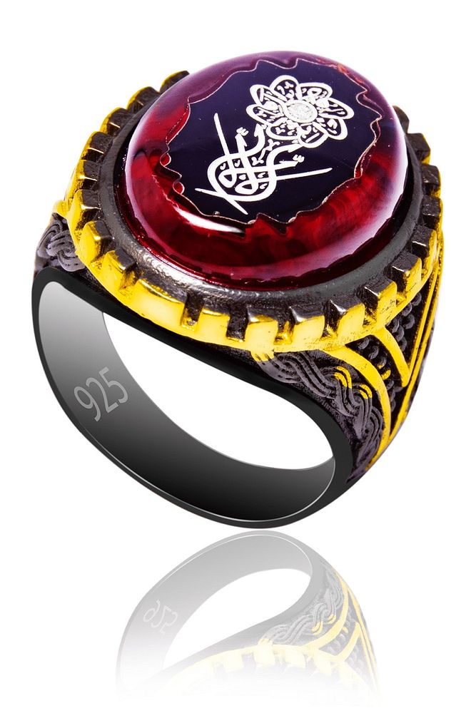 Sertifikalı Hattat Işlemeli Kırmızı Kehribar Taşlı Gümüş Yüzük