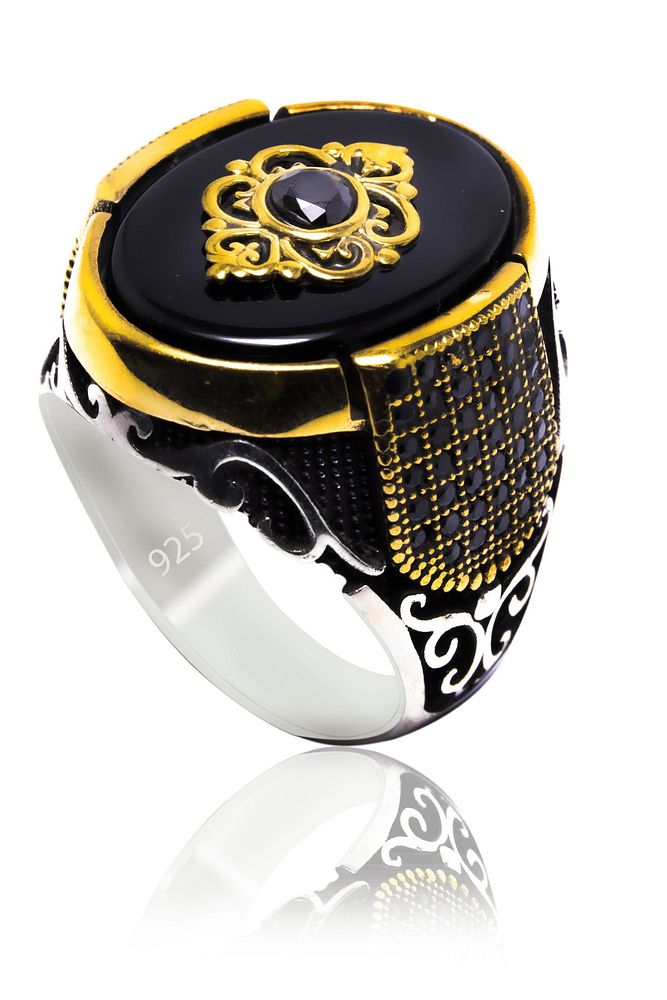 Sertifikalı Motifli Doğal Oniks Taşlı 925 Ayar Gümüş Yüzük