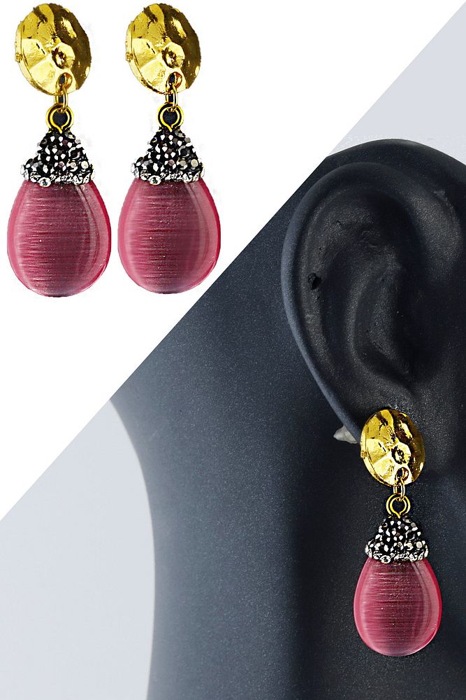 Sertifikalı Doğal Pembe Kuvars Taşlı Küpe