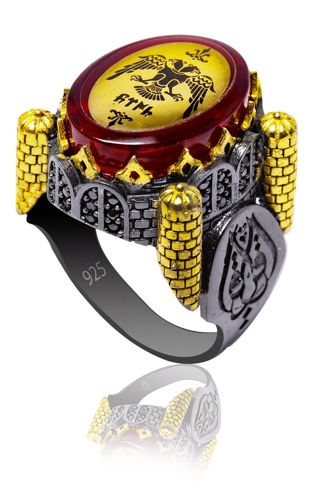 Sertifikalı Sultan Ahmet Cami Işlemeli Kehribar Taşlı Gümüş Yüzük