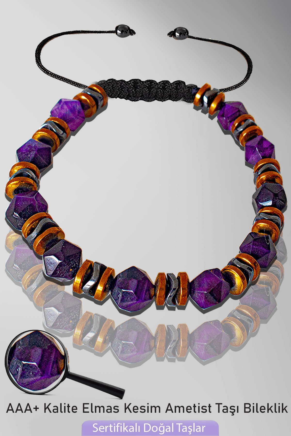 Sertifikalı Rose Hematitli Elmas Kesim Doğal Ametist Taşı Bileklik - Ayarlamalı