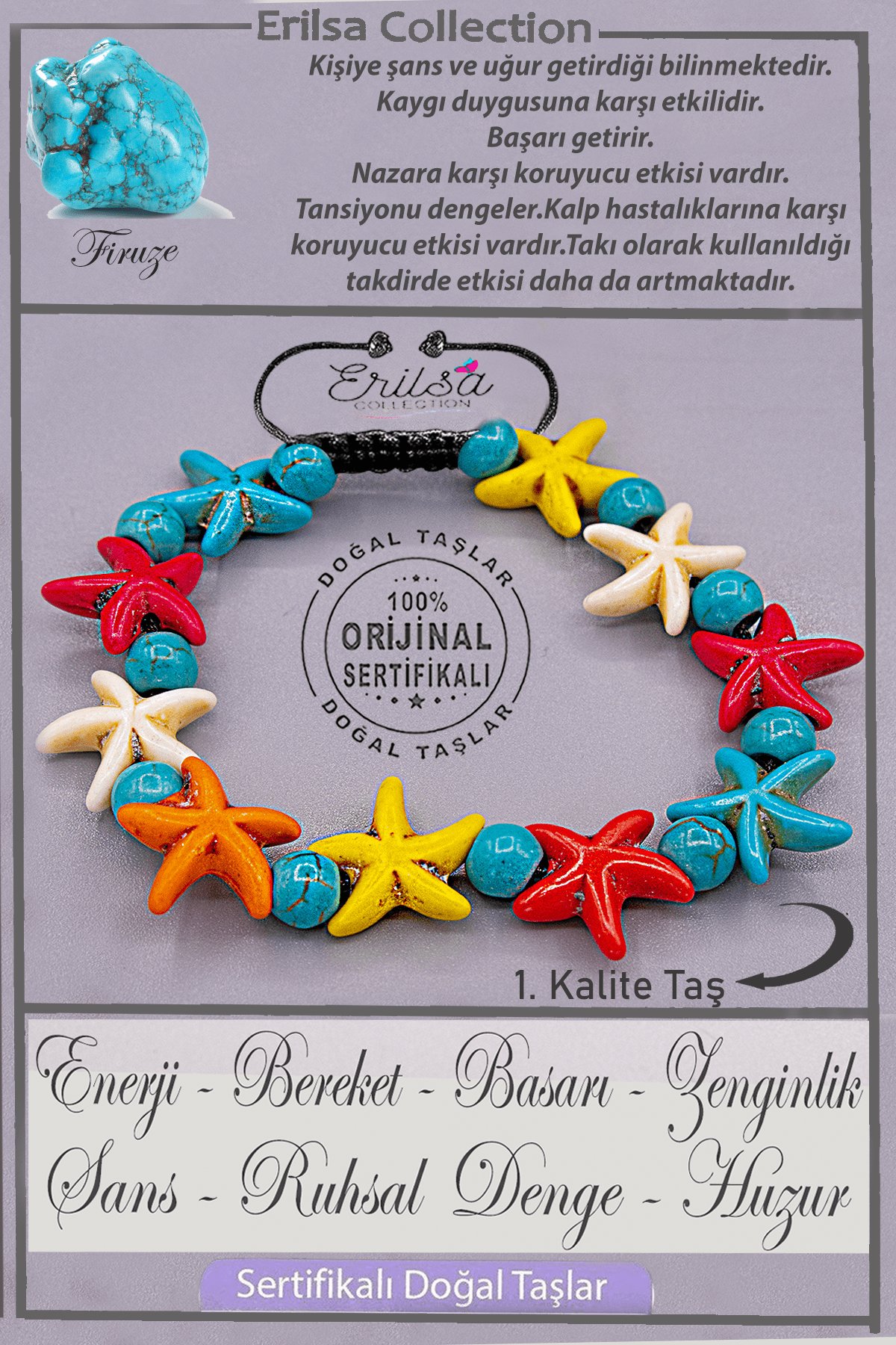 Sertifikalı Gerçek AAA+ Deniz Yıldızı Model Firuze (Turkuaz) Taşı Bileklik