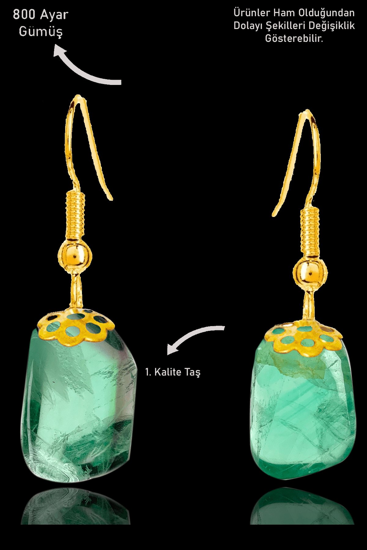 Sertifikalı Amorf Model Yeşil Florit Taşı Küpe - Gold Renkli