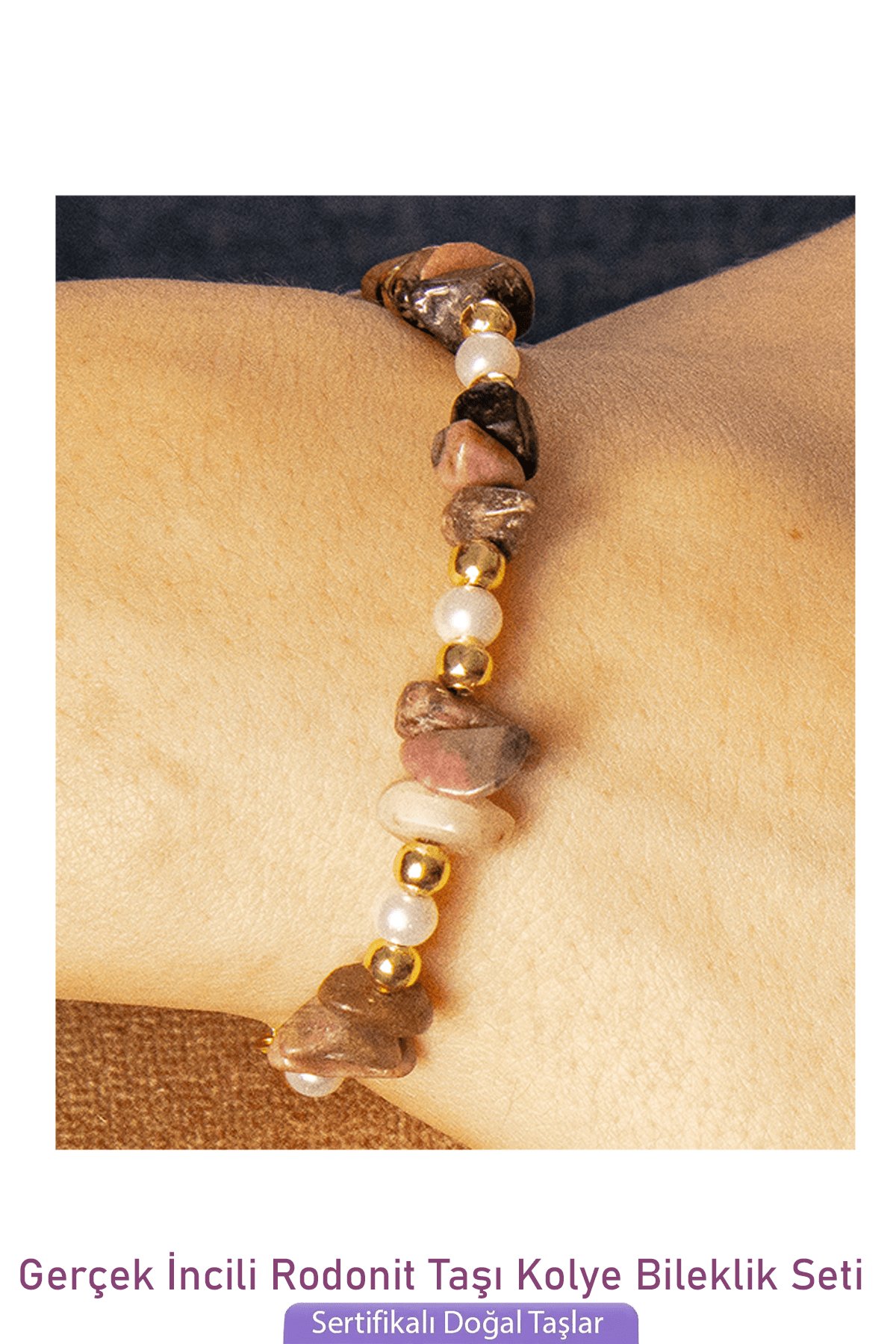 Sertifikalı İncili Rodonit Taşlı Doğal Taş Kolye Bileklik Seti