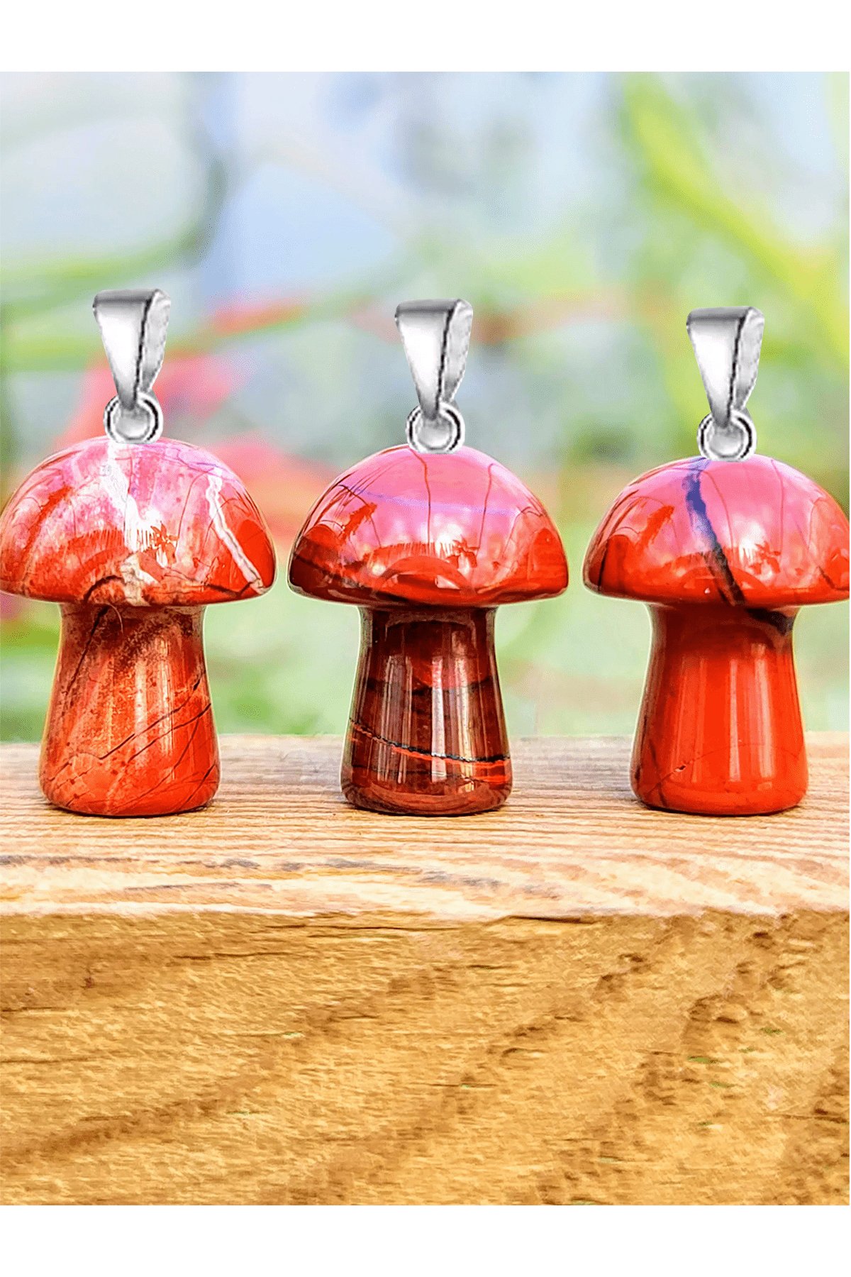 Sertifikalı Mantar Model Kırmızı Jasper Taşı Kolye - Gümüş Aparatlı