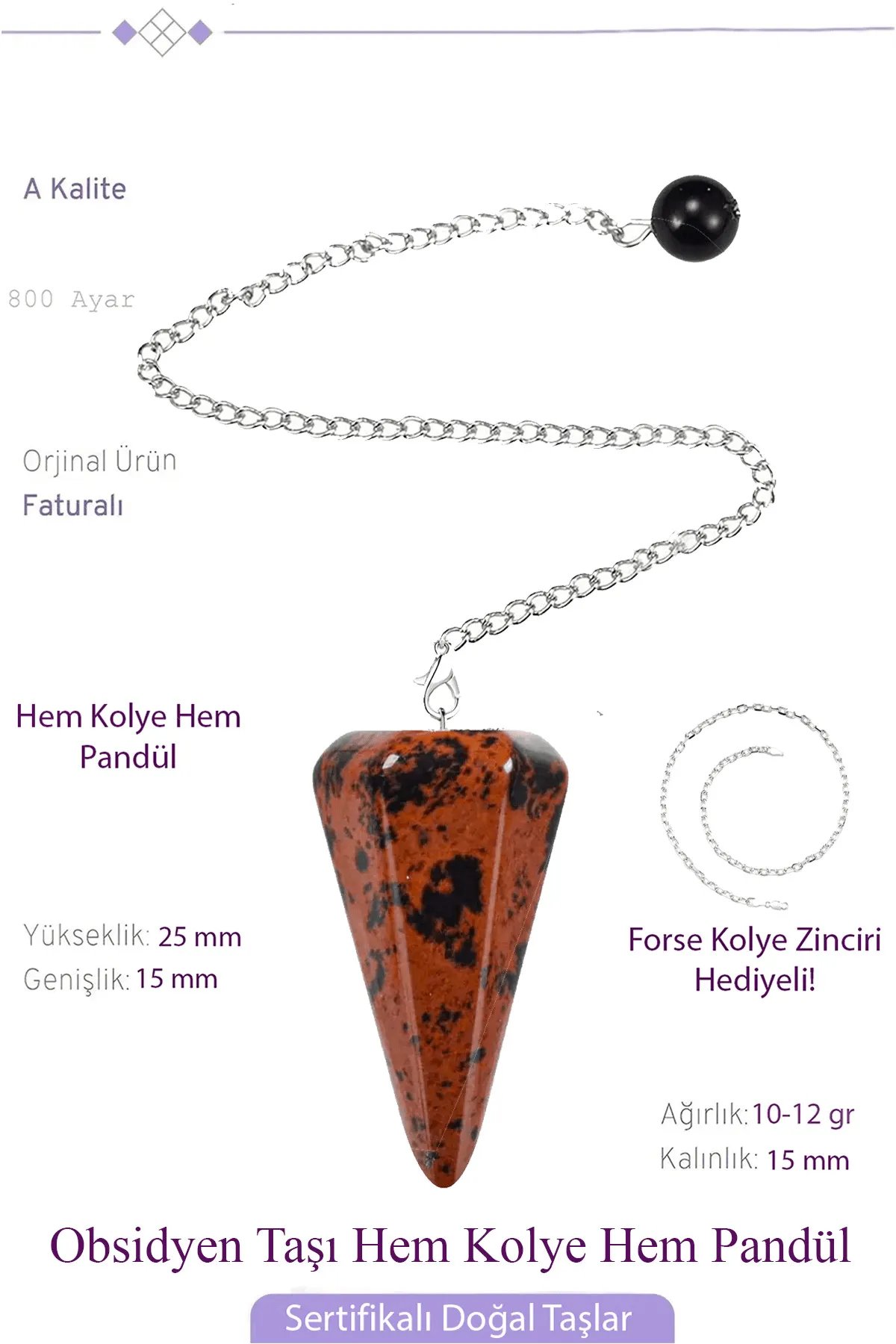 Sertifikalı Kahverengi Obsidyen Taşı Pandül Sarkaç Hem Pandül - Hem Kolye