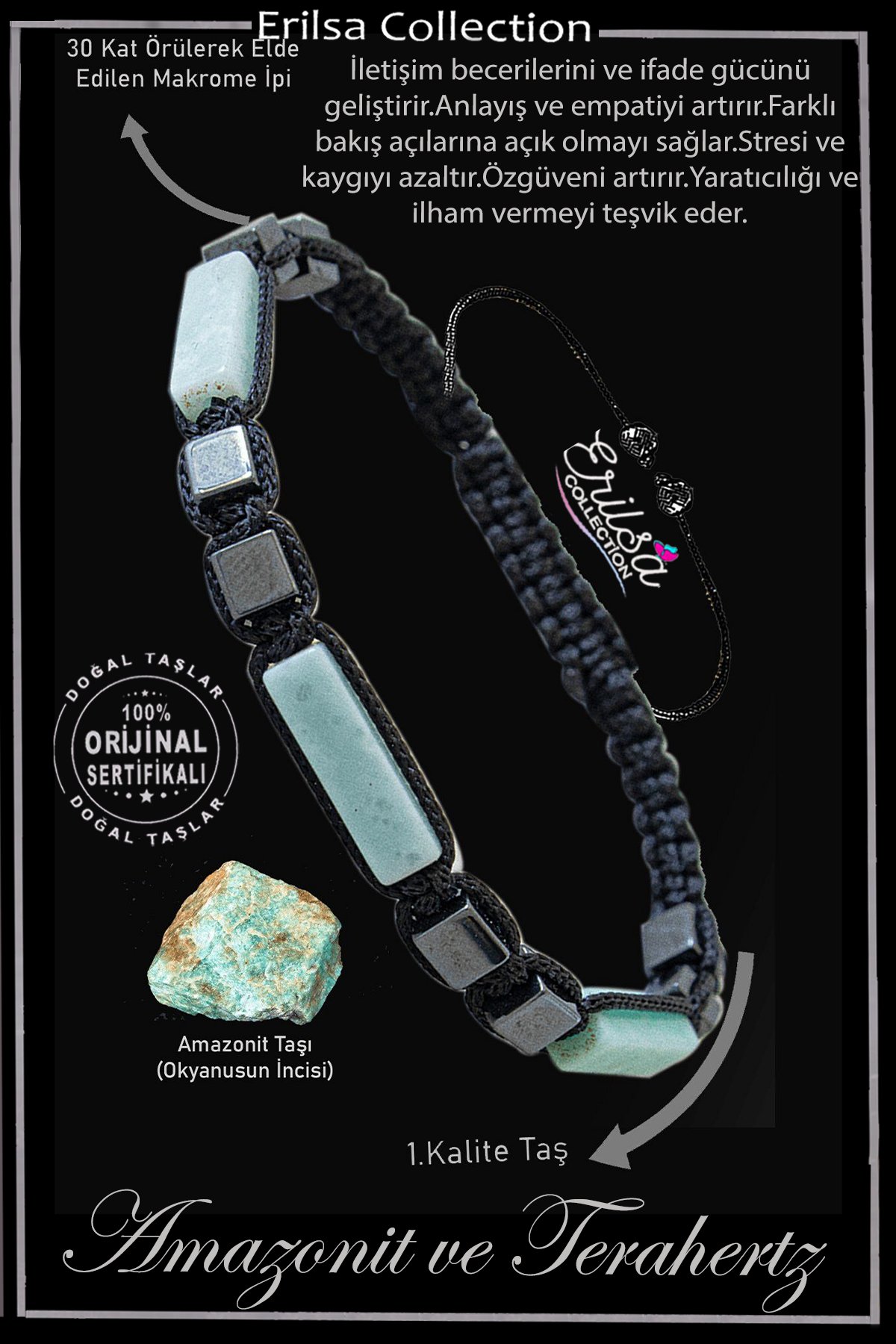 Sertifikalı Dikdörtgen Model Terahertz - Amazonit Taşı Bileklik - Ayarlamalı