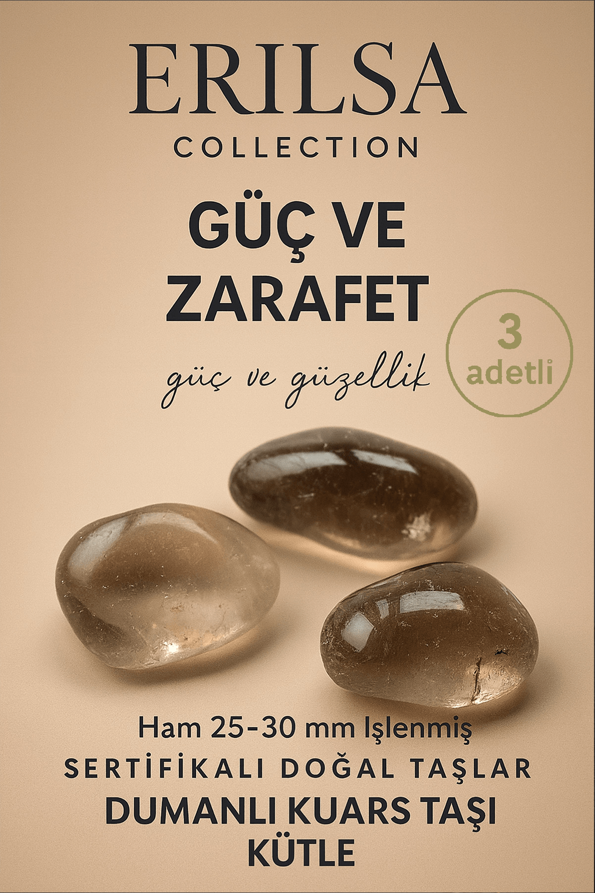 Sertifikalı Doğal Dumanlı Kuvars Taşı Kütle – Denge ve Güç Veren El Taşı 25-30 mm - 3 Adetli