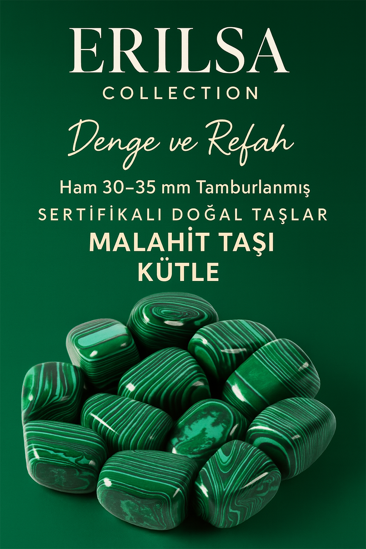 Sertifikalı Doğal Malahit Taşı Kütle 30-35 mm – Denge ve Refah Kristali El Taşı
