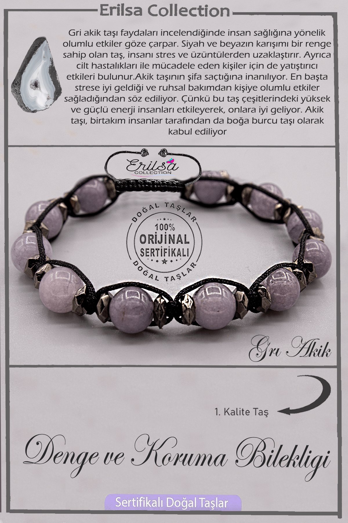 Sertifikalı AAA+ Doğal Terahertz - Gri Akik - Denge ve Koruma Bilekliği