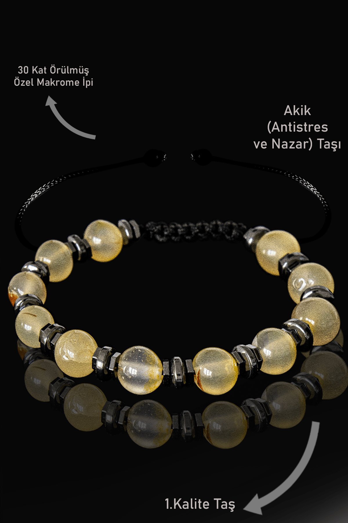 Sertifikalı Gerçek Hematit - Şeffaf Sarı Akik Taşı Bileklik