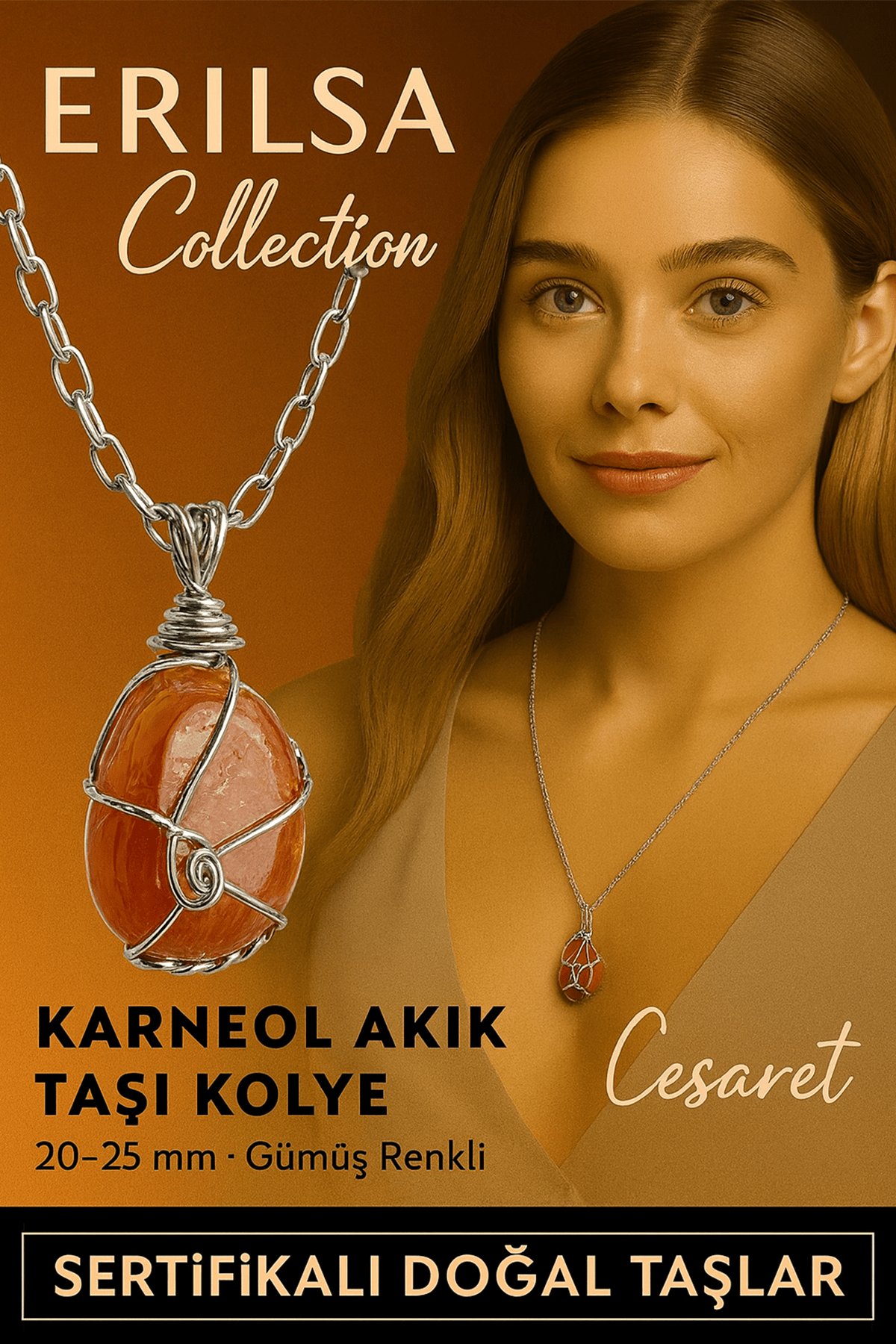 Sertifikalı Gümüş Tel Sargılı Doğal Karneol (Karnelyan) Akik Taşı Kolye – 20-25 mm Enerji ve Tutku Taşı