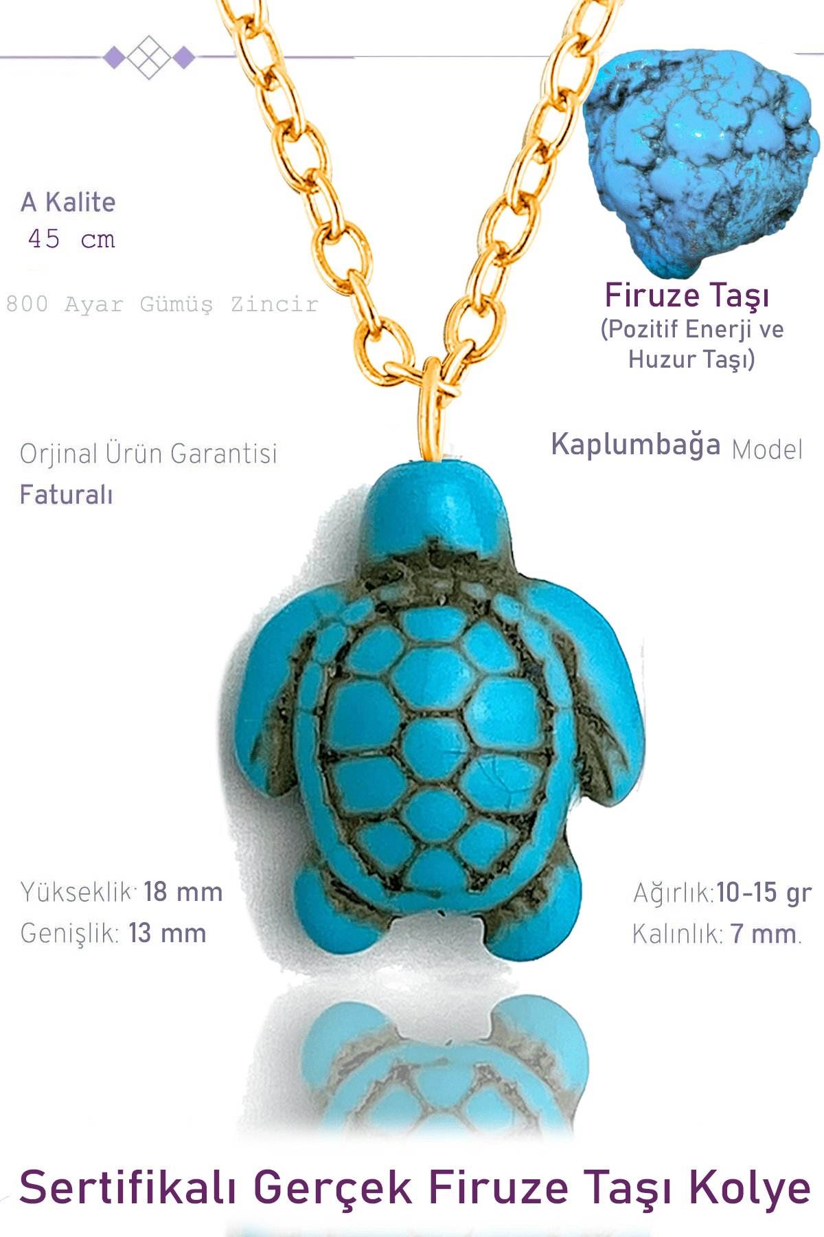 Sertifikalı Gold Kaplumbağa Model Gerçek Firuze Taşı Kolye - Mini Boy