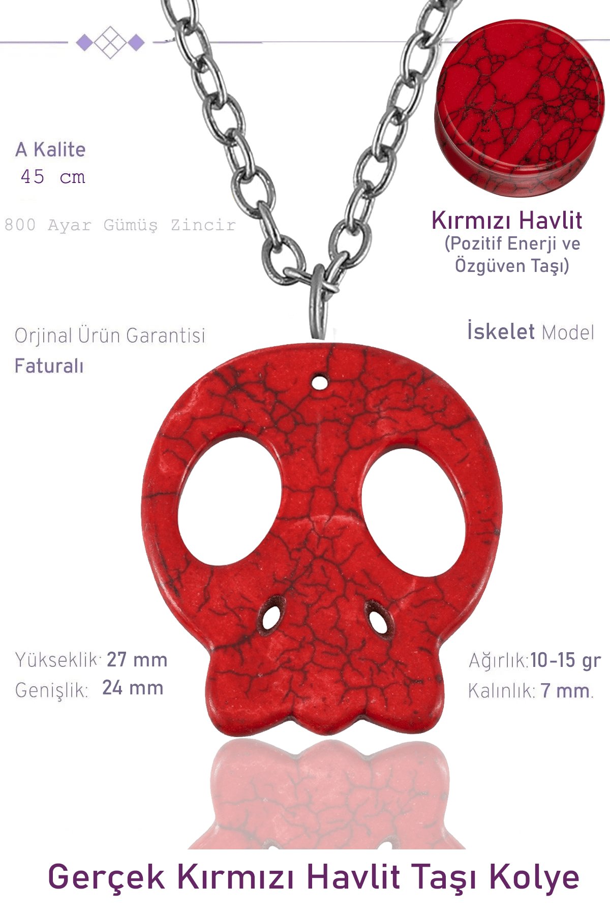 Sertifikalı İskelet Model Kırmızı Havlit Taşı Kolye