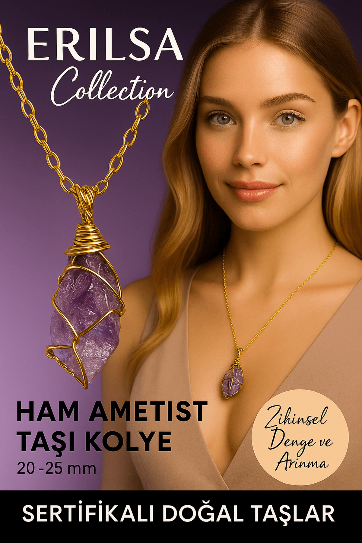 Sertifikalı Tel Sargılı Gold Renkli Doğal Ham Ametist Taşı Kolye – Zihinsel Denge ve Arınma Taşı