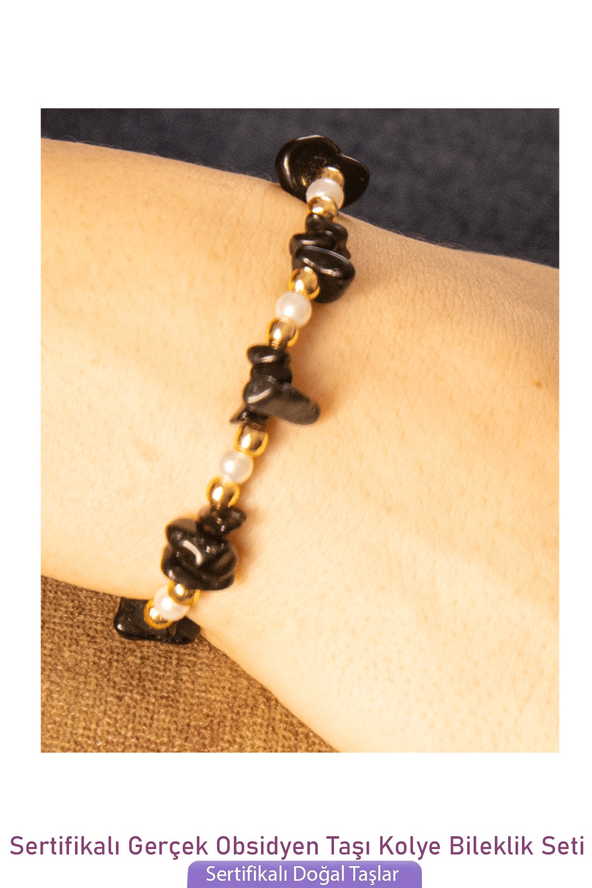 Sertifikalı İncili Siyah Obsidyen Taşlı Doğal Taş Kolye Bileklik Seti
