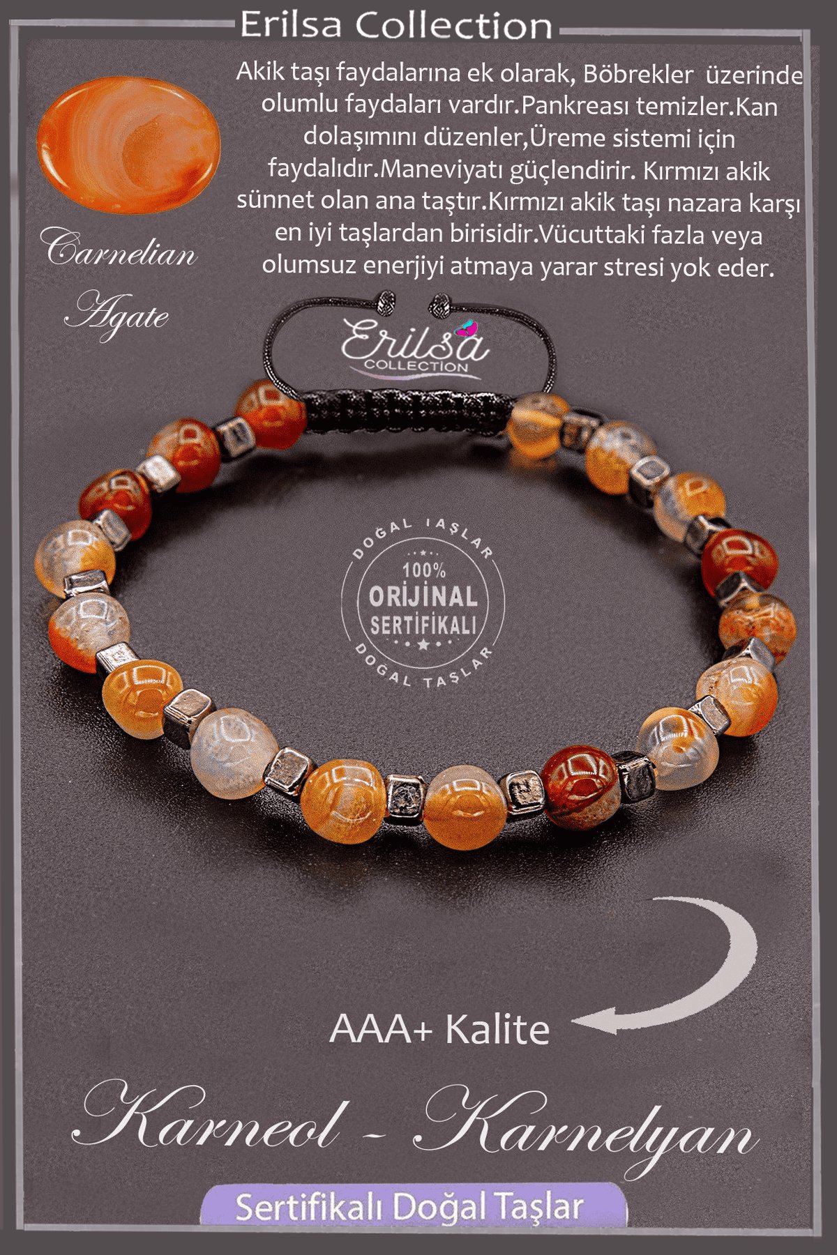 Sertifikalı AAA+ Kalite Gerçek Terahertz - Karneol Karnelyan Akik Taşı Bileklik