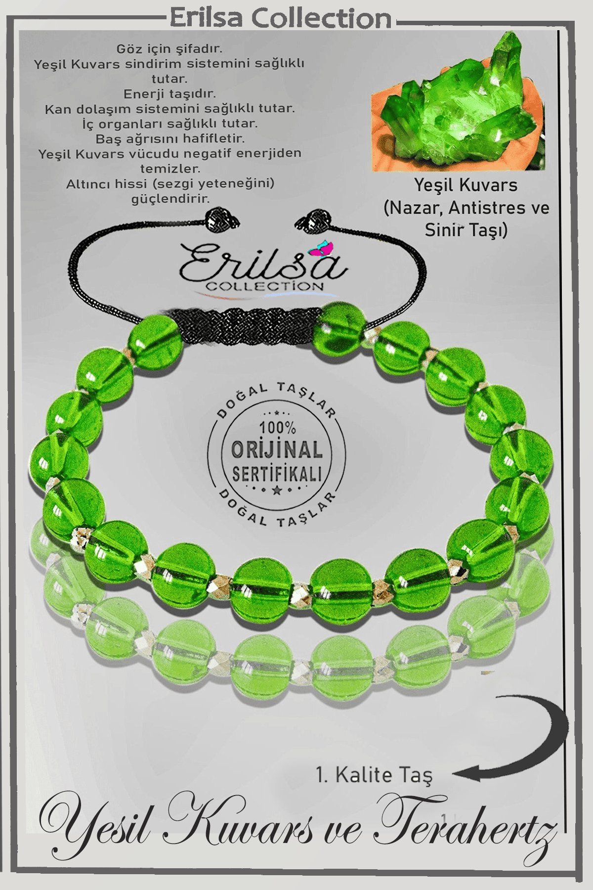 Sertifikalı Gerçek Silver Hematit - Yeşil Kuvars Taşı Bileklik - Ayarlamalı