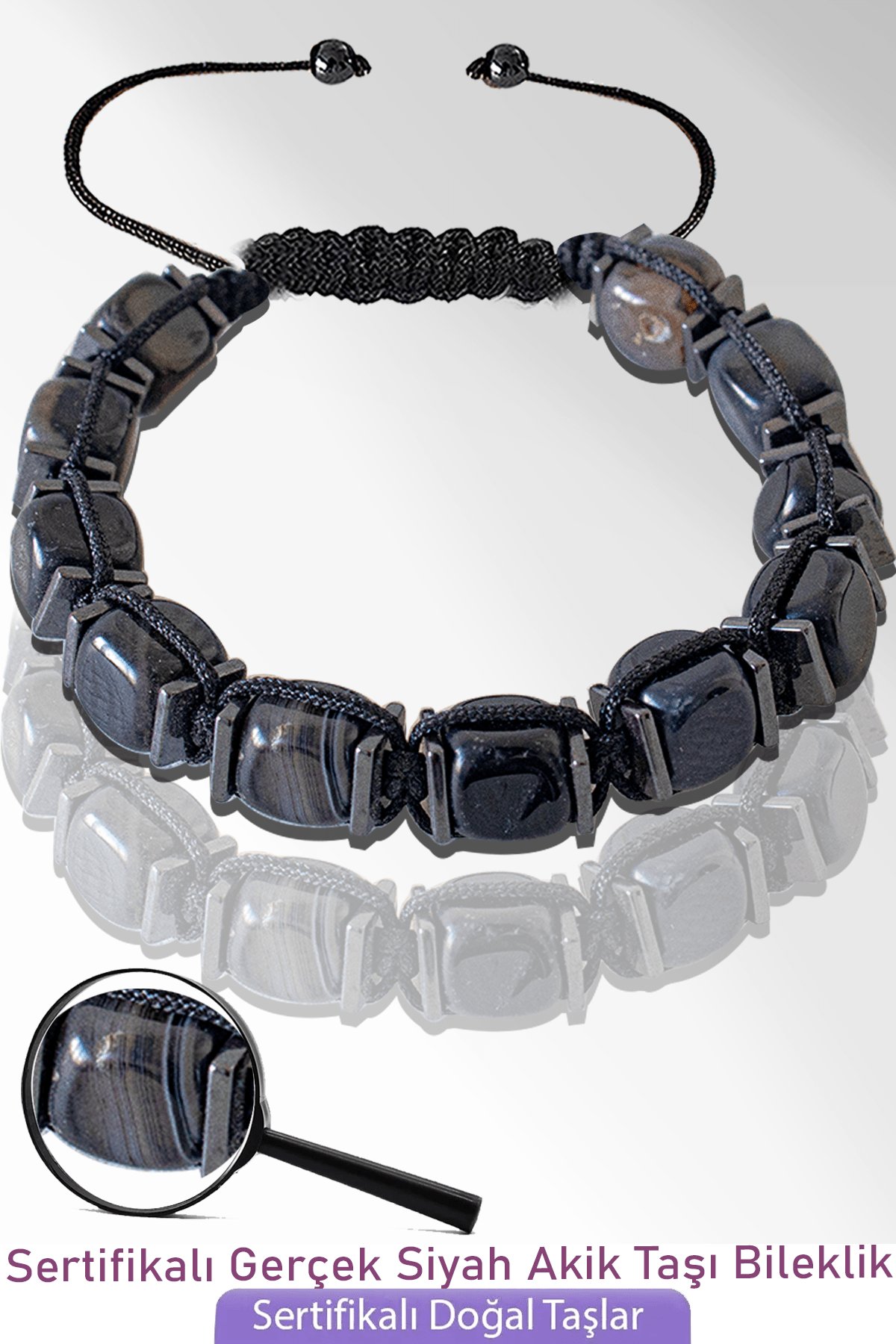Sertifikalı Küp Model Doğal Siyah Göz Akik Taşı Bileklik - Ayarlamalı
