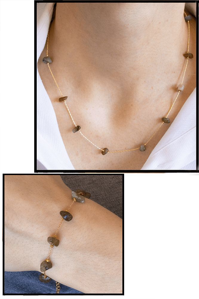 Sertifikalı Labradorit Taşlı Doğal Taş Kolye Bileklik Seti