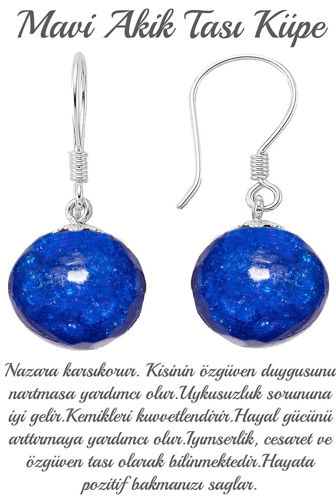 Sertifikalı Gümüş Alaşımlı Mavi Akik Taşı Küpe