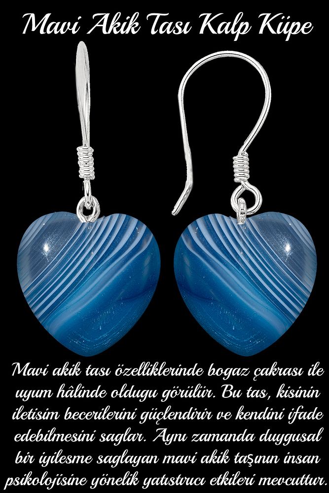 Sertifikalı Kalp Kesim Damarlı Mavi Akik Taşı Doğal Taş Küpe