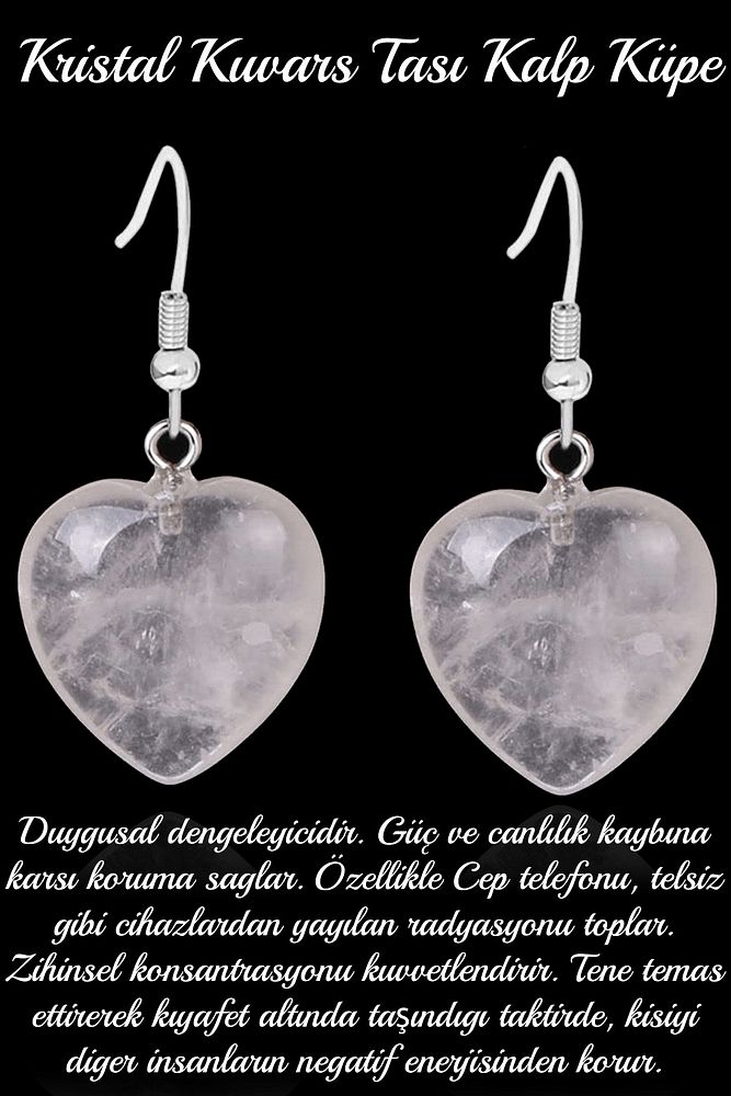 Sertifikalı Kalp Kesim Kristal Kuvars Taşı Doğal Taş Küpe