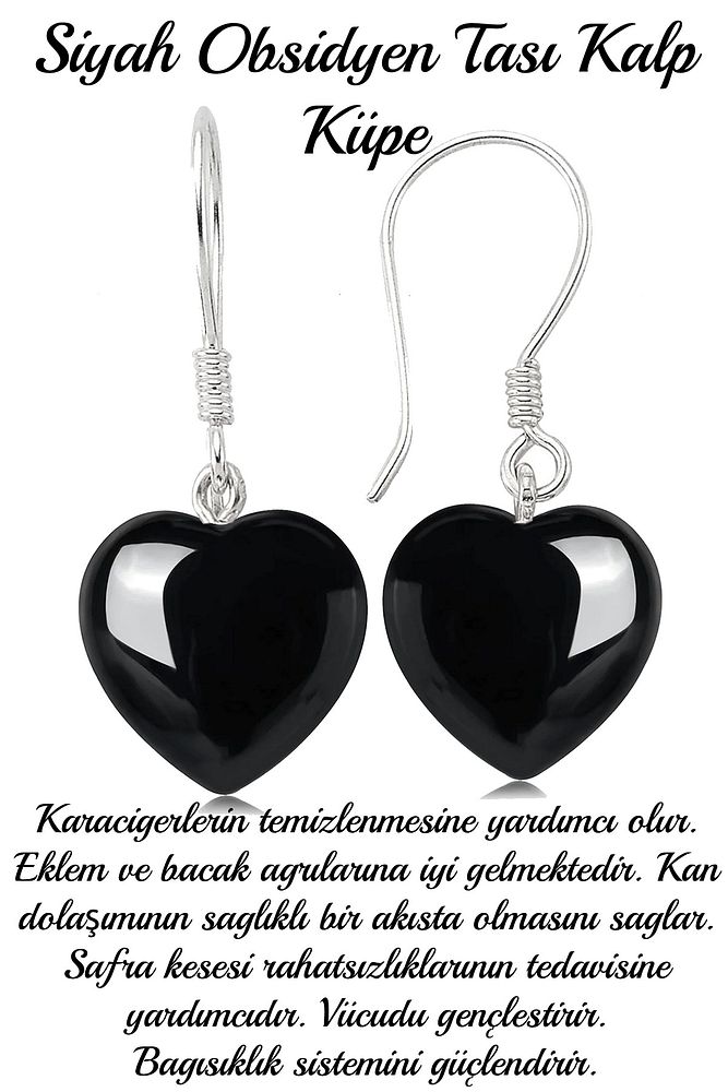 Sertifikalı Kalp Kesim Siyah Obsidyen Taşı Doğal Taş Küpe