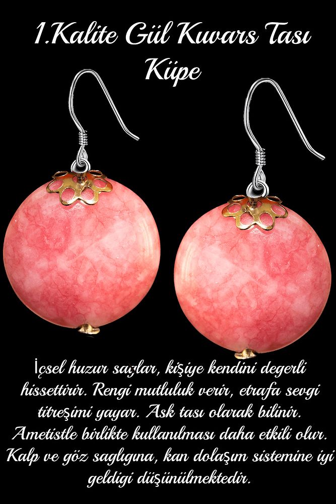 Sertifikalı Gül Kuvars Taşı Doğal Taş Küpe - 1.kalite