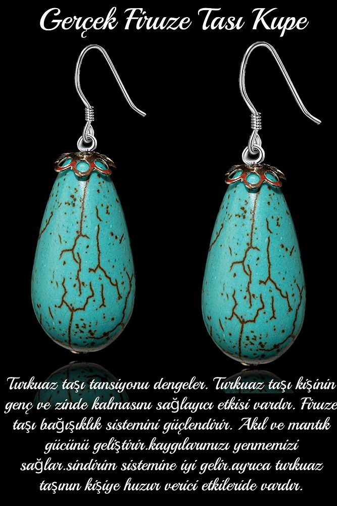 Sertifikalı 1.kalite Damla Kesim Boyasız Firuze Taşı Doğal Taş Küpe - Iran